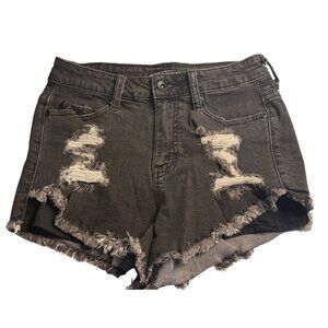 VTG Y2K Lovesick Women Distressed Black Denim Short Frayed High Waisted Rock 1